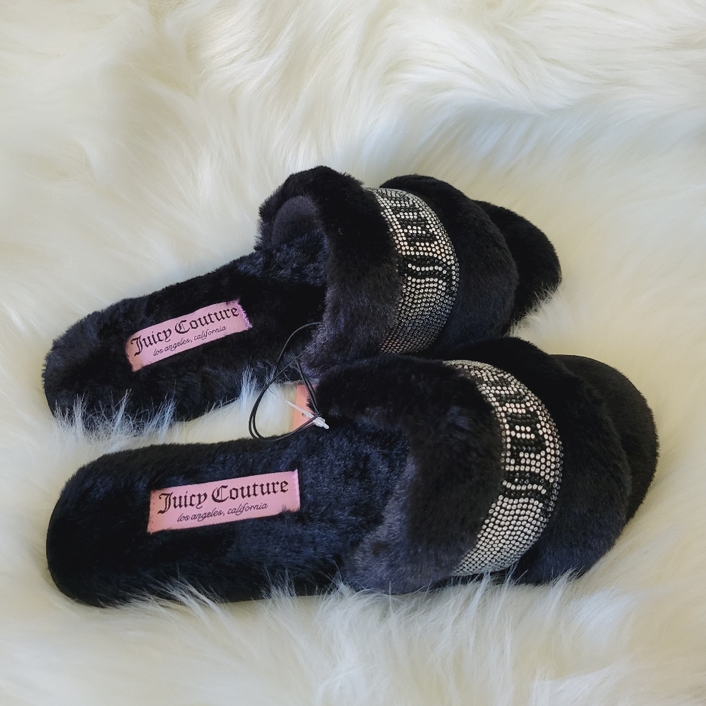 ✨️SOLD✨️💖Juicy Couture Faux Fur Bling Logo black Slippers💖 - Picture 4 of 5